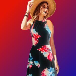 Oversized Floral Print Halter Neck Sleeveless Off Shoulder Maxi Dress Sz S